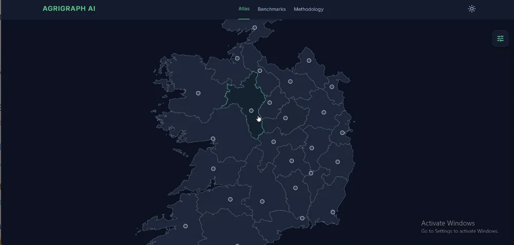 AgriGraph county atlas of Ireland in dark mode, Longford selected